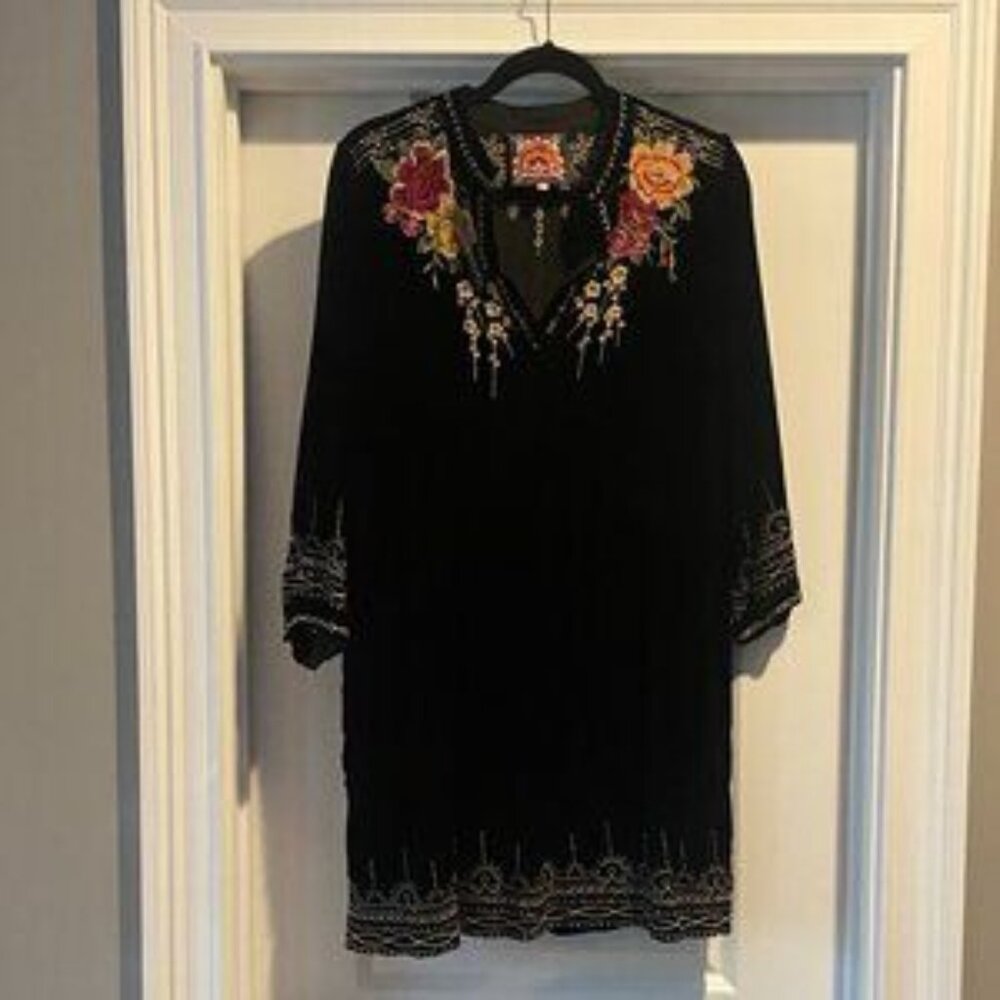 Johnny Was Black Velvet Embroidered Tunic Top/Dress